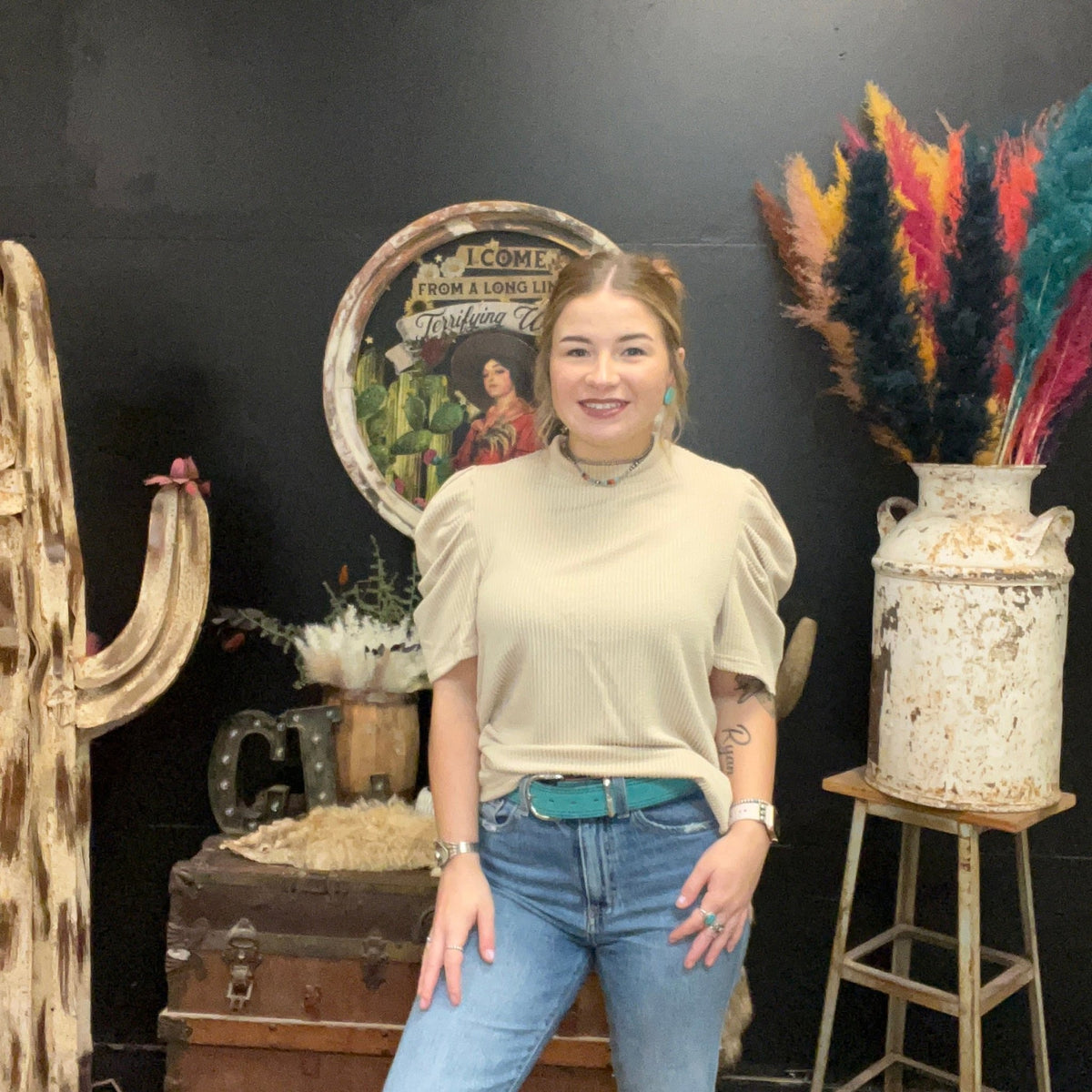 Tan Bare My Sole Bubble Short Sleeve Top size small - Country Lace Boutique