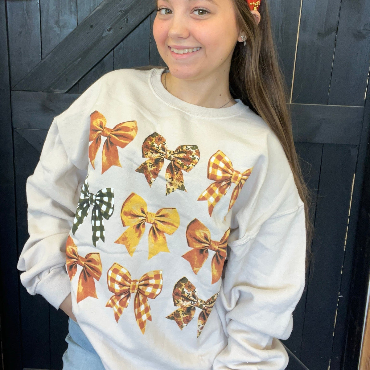 Tan Fall Bow Sweatshirt - Country Lace Boutique