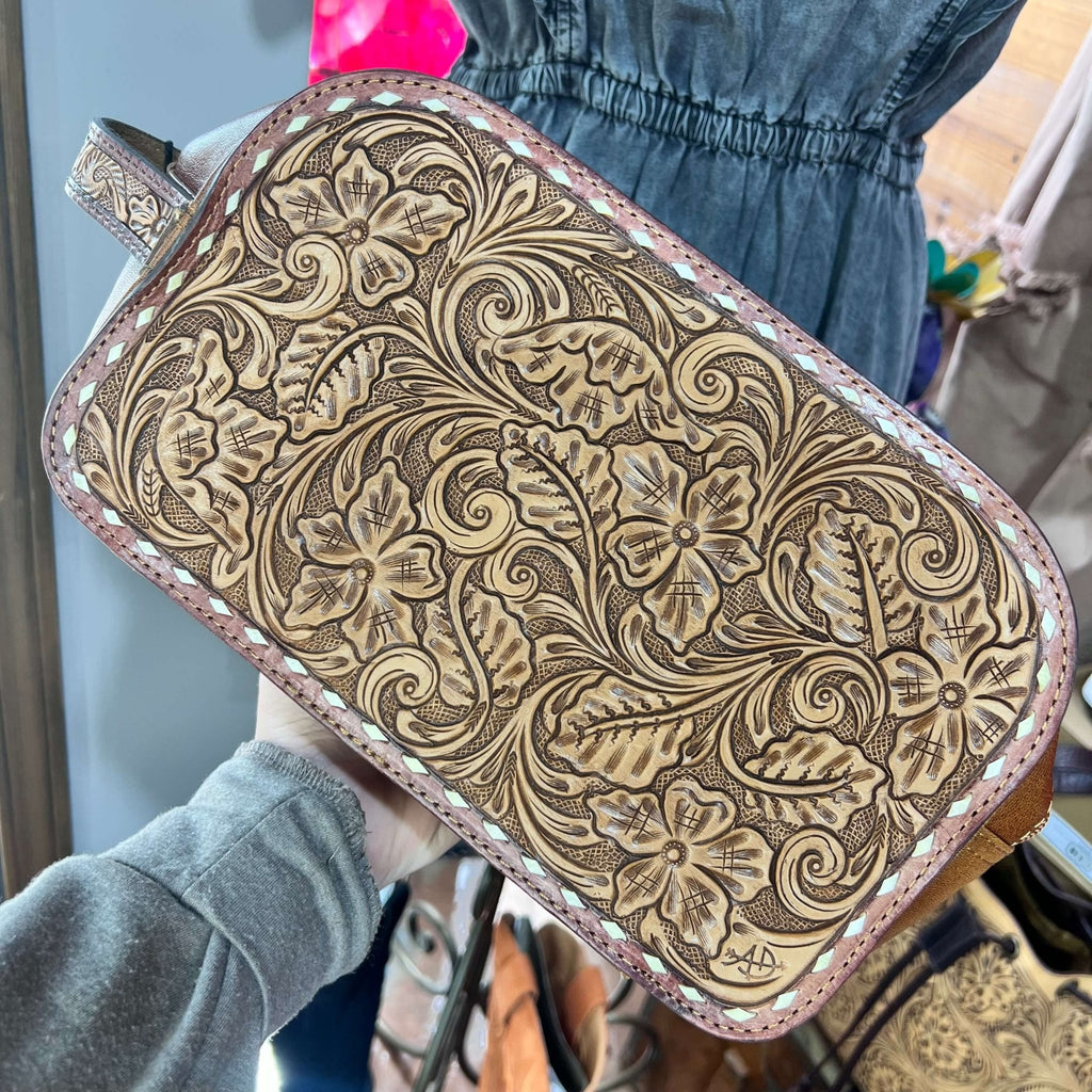 Tan Tooled Toiletry Case w/Handle - Country Lace Boutique