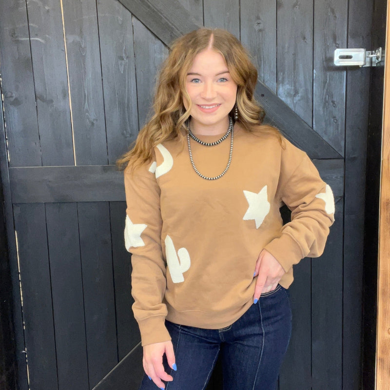 Tan Western Patchwork Sweatshirt - Country Lace Boutique