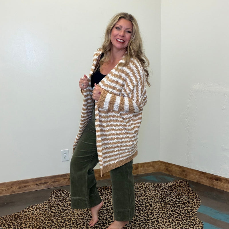 Tan & White Stripe Bubble Open Front Long Sleeve Cardigan - Country Lace Boutique