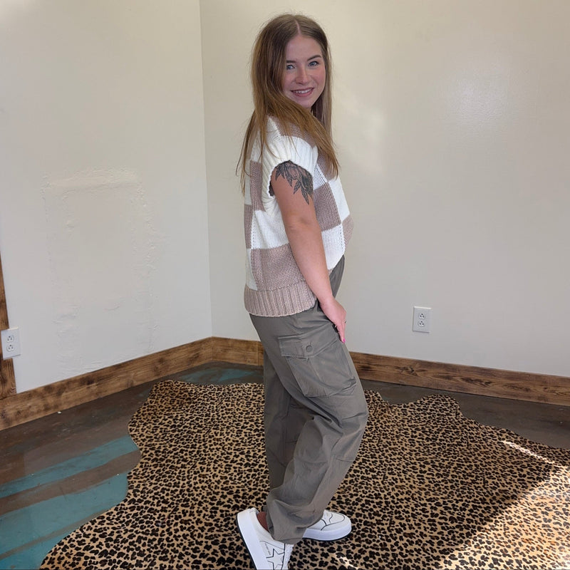 Tan & White V Neck Checker Sweater Vest - Country Lace Boutique