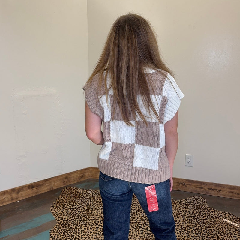 Tan & White V Neck Checker Sweater Vest - Country Lace Boutique