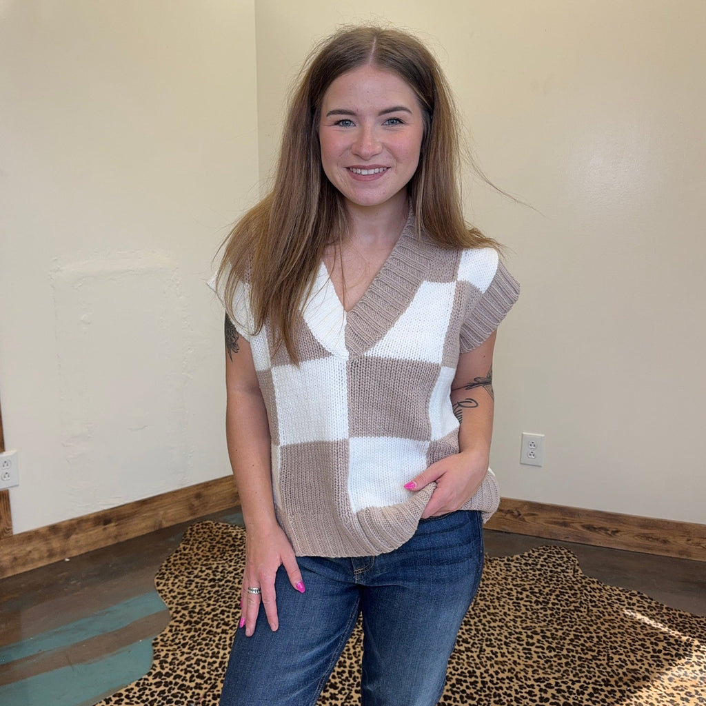 Tan & White V Neck Checker Sweater Vest - Country Lace Boutique