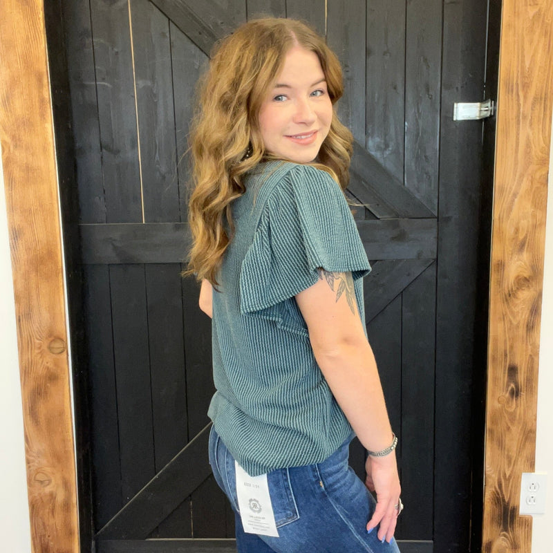 Teal Ribbed Flutter Sleeve Shirt - Country Lace Boutique