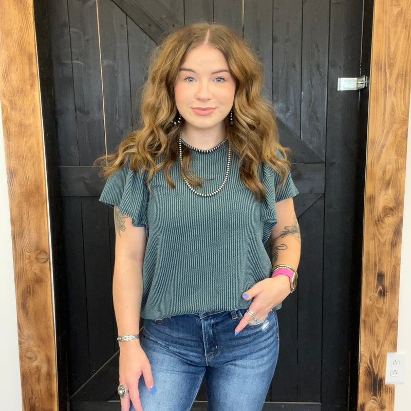 Teal Ribbed Flutter Sleeve Shirt - Country Lace Boutique