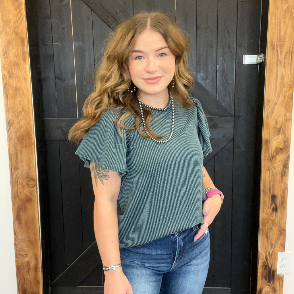 Teal Ribbed Flutter Sleeve Shirt - Country Lace Boutique
