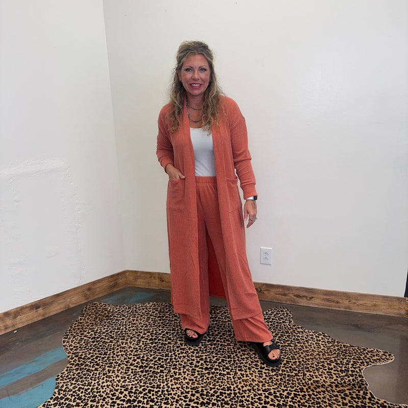 Terracotta Orange Ribbed Duster Cardigan - Country Lace Boutique
