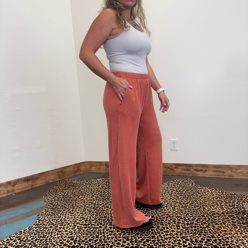 Terracotta Orange Ribbed Pants - Country Lace Boutique