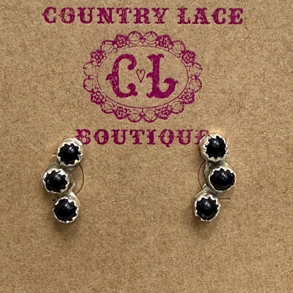 Tiny 3 Stone Black Onyx Stud Sterling Silver Earring - Country Lace Boutique