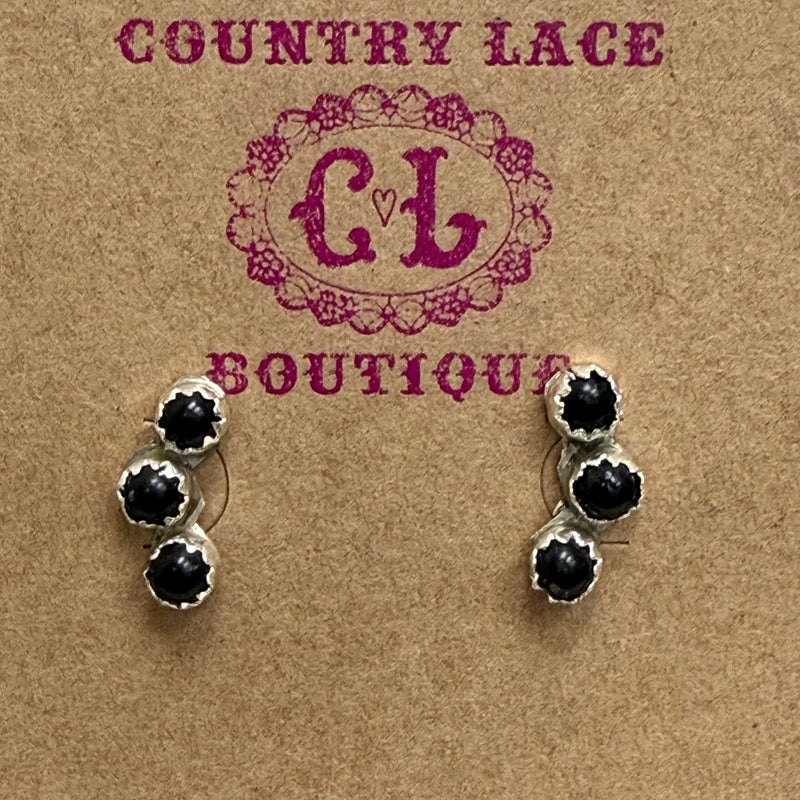 Tiny 3 Stone Black Onyx Stud Sterling Silver Earring - Country Lace Boutique
