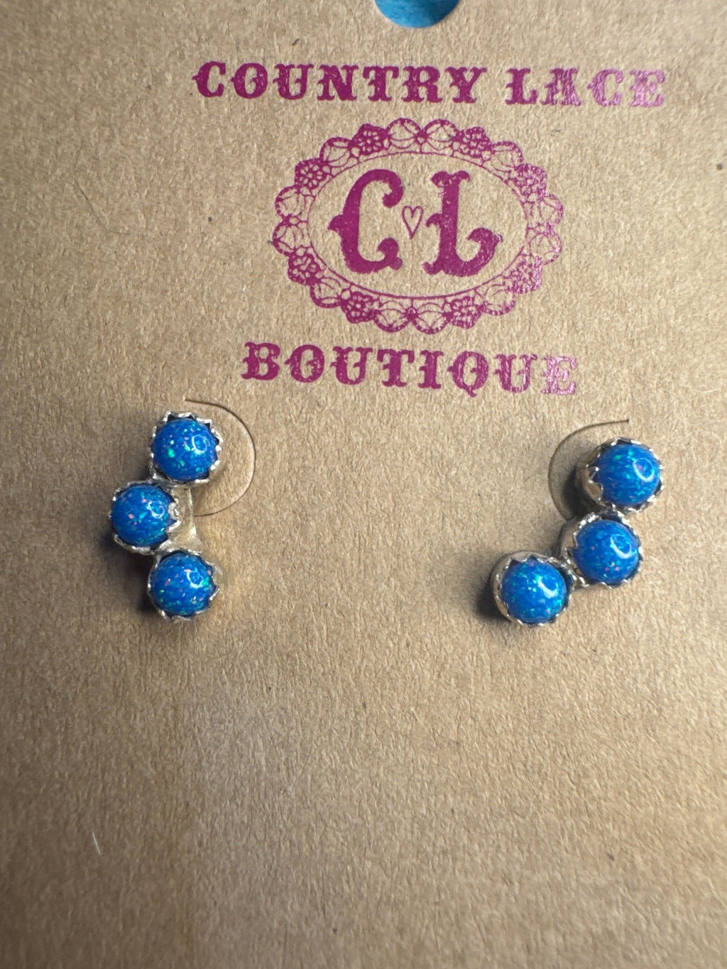 Tiny 3 Stone Blue Opal Stud Sterling Silver Earring - Country Lace Boutique