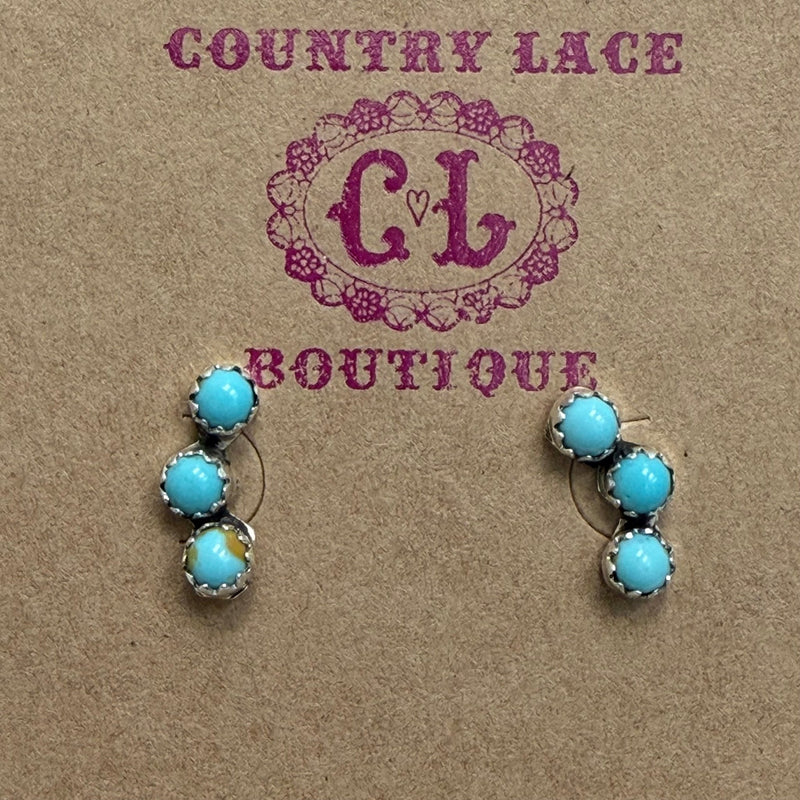 Tiny 3 Stone Turquoise Stud Sterling Silver Earring - Country Lace Boutique
