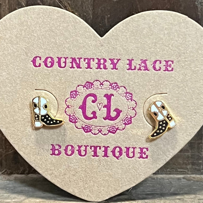 Tiny Black & White Boots Gold Post Stud Fashion Earrings - Country Lace Boutique