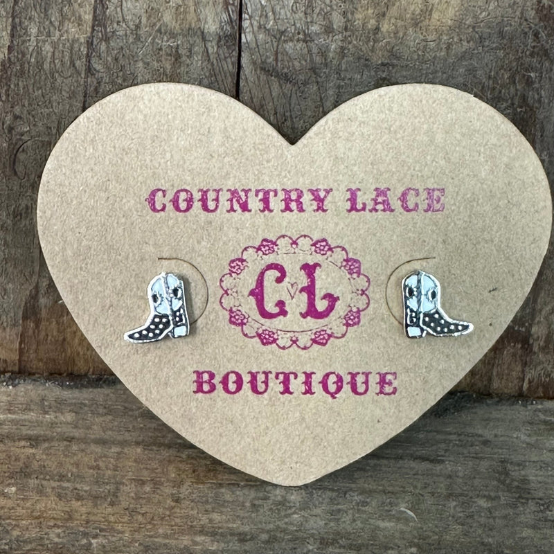 Tiny Black & White Boots Silver Post Stud Fashion Earrings - Country Lace Boutique