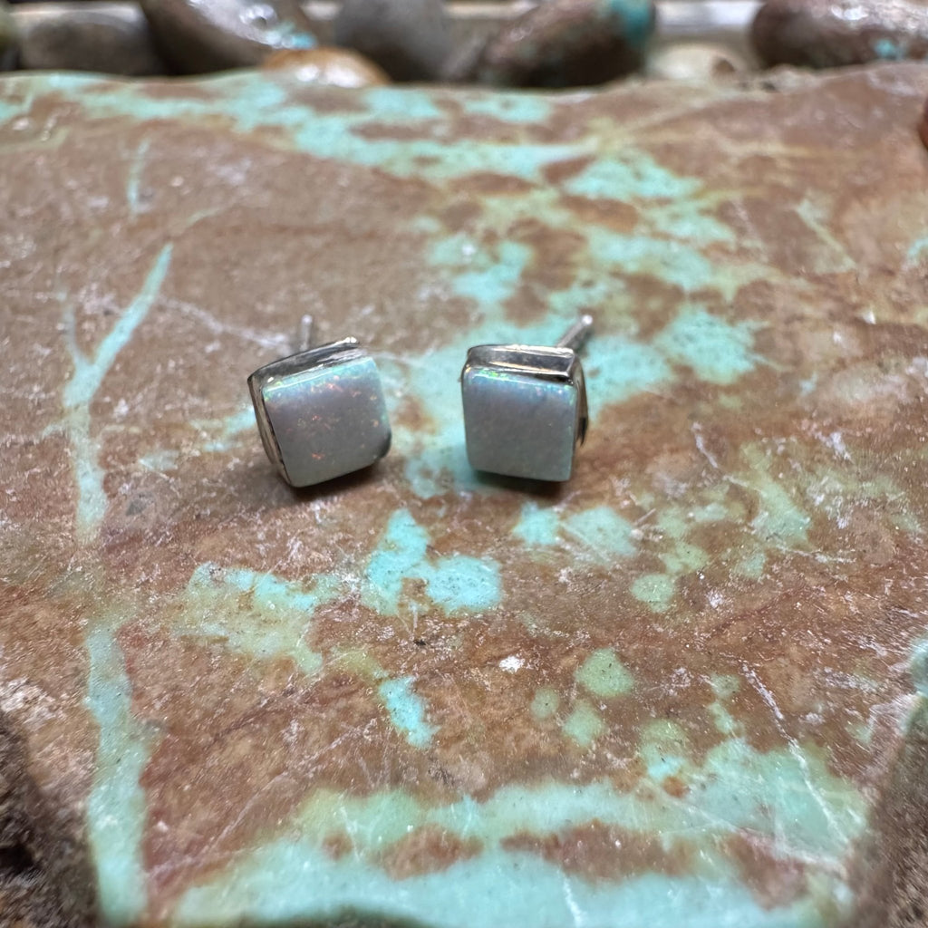 Tiny White Opal Square Post Sterling Silver Earring - Country Lace Boutique