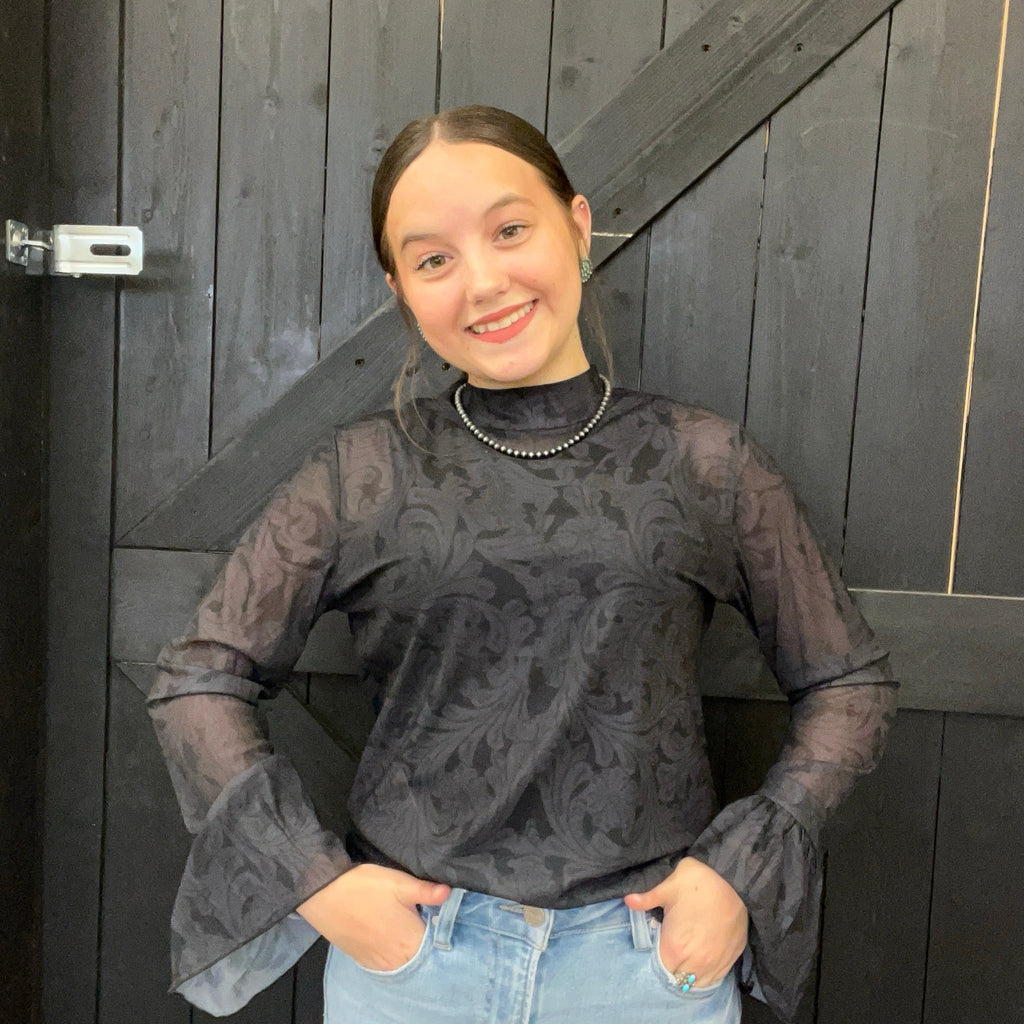 Tooled In Black With Ruffle Sleeve Mesh Long sleeve Top - Country Lace Boutique