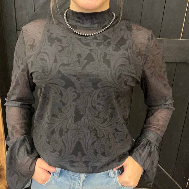 Tooled In Black With Ruffle Sleeve Mesh Long sleeve Top - Country Lace Boutique