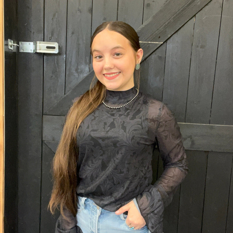 Tooled In Black With Ruffle Sleeve Mesh Long sleeve Top - Country Lace Boutique