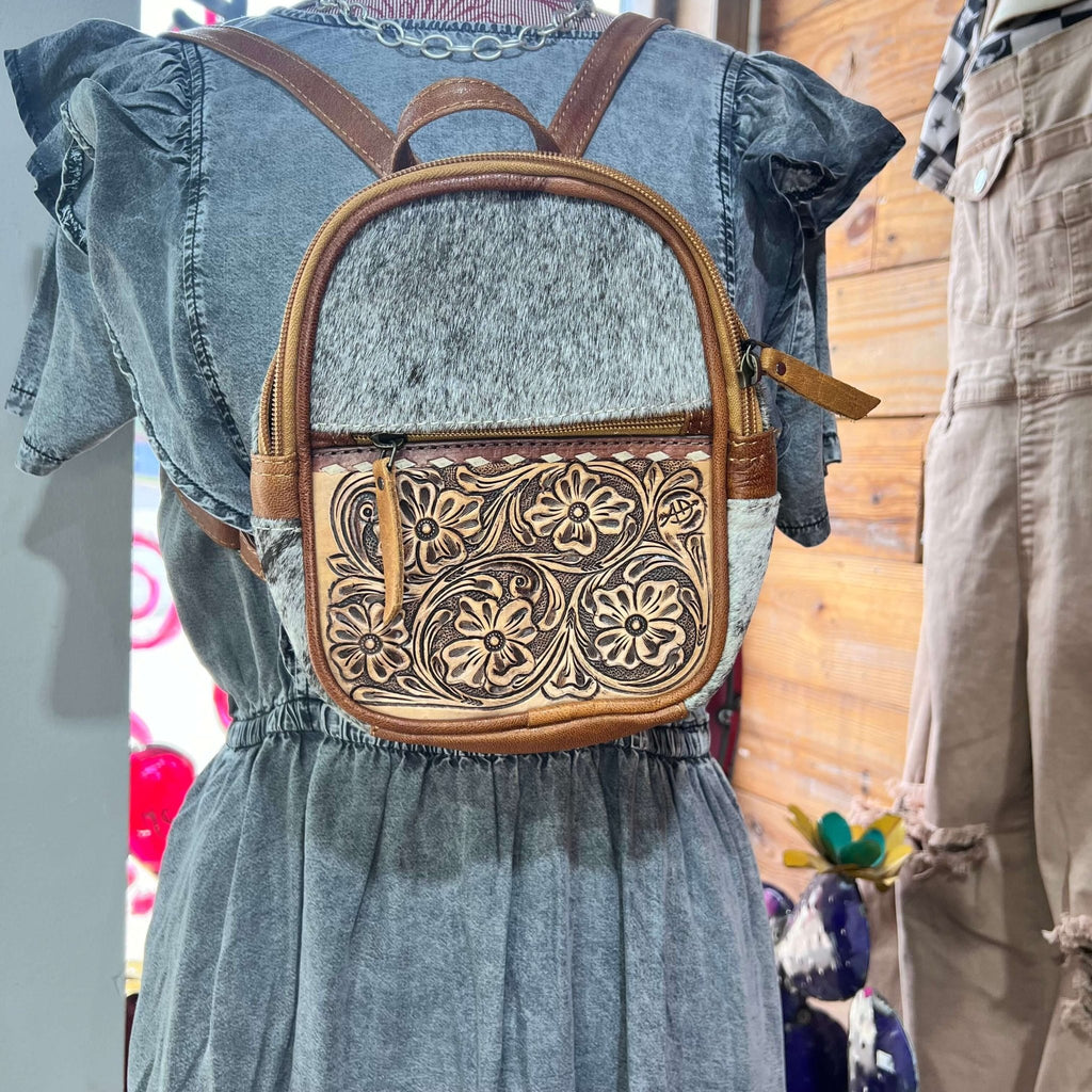 Tooled Leather & Cow Hide Mini Back Back - Country Lace Boutique