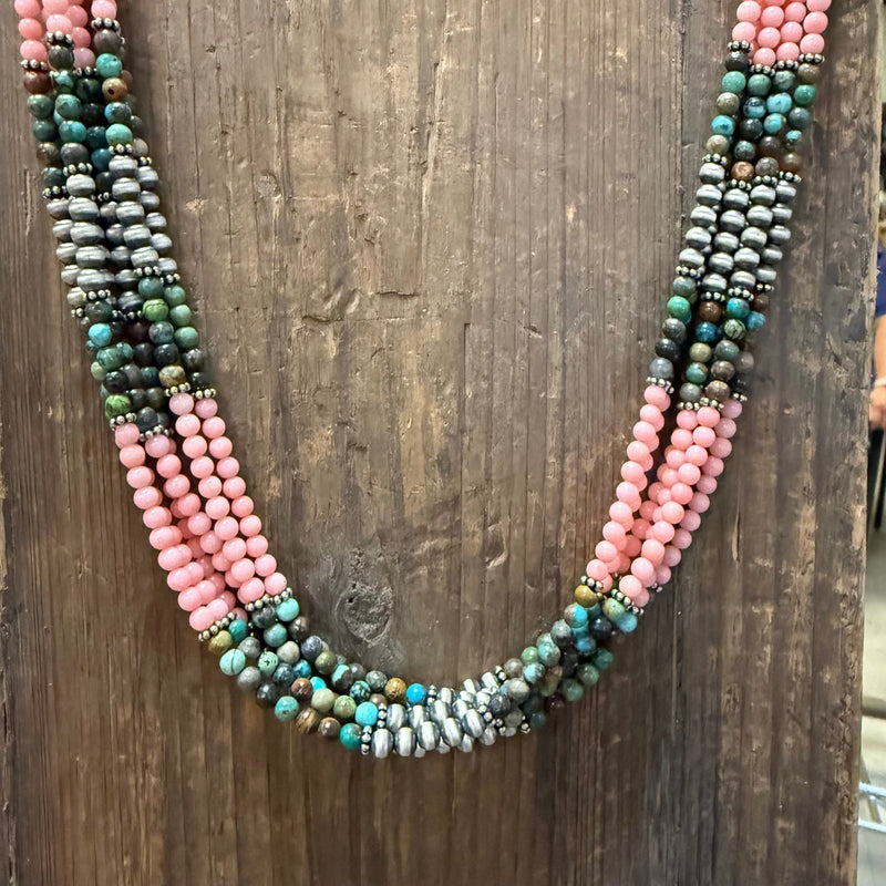 Totally Amazing 6 Strand Pink & Turquoise Beads with 5 & 8mm Navajo Pearls Sterling Silver Necklace - Country Lace Boutique