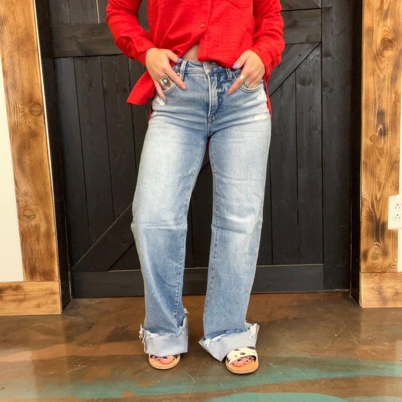 Tummy Control Mid Rise Wide with Distressing Risen Jeans - Country Lace Boutique