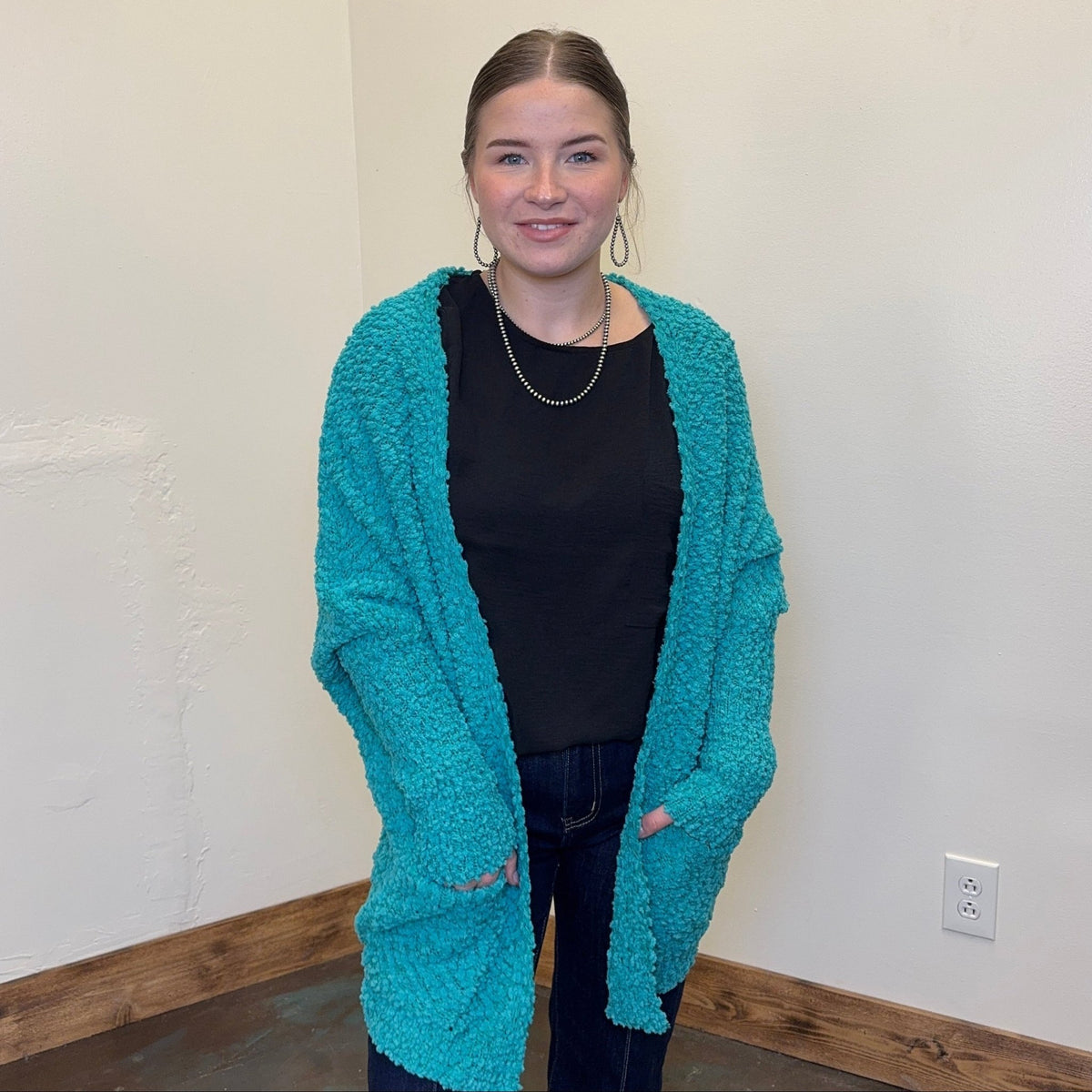 Turquoise Bubble Open Front w/ Pockets Long Sleeve Cardigan - Country Lace Boutique