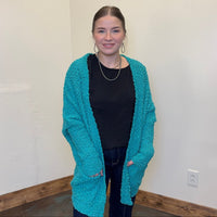 Turquoise Bubble Open Front w/ Pockets Long Sleeve Cardigan - Country Lace Boutique