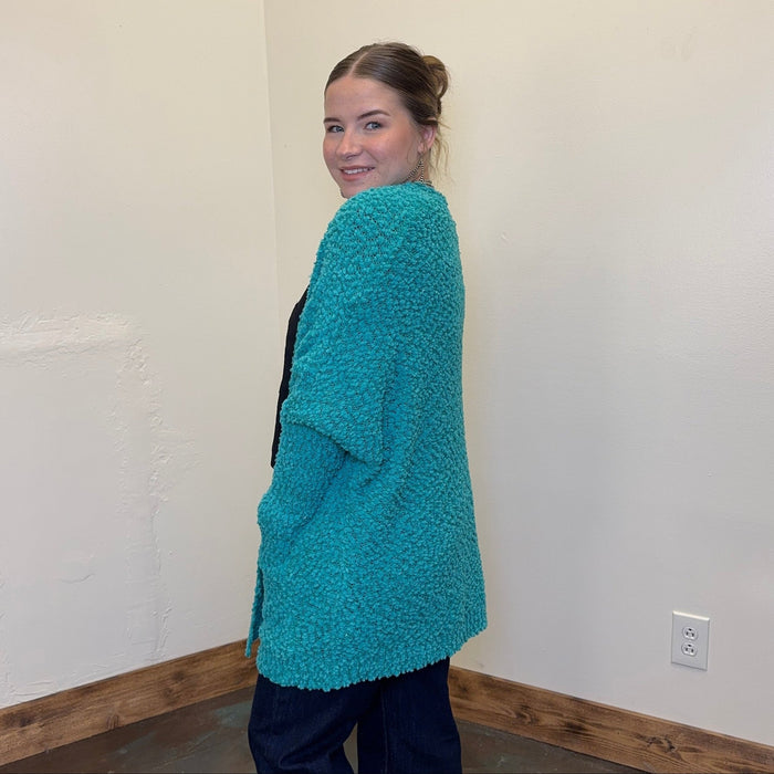 Turquoise Bubble Open Front w/ Pockets Long Sleeve Cardigan - Country Lace Boutique