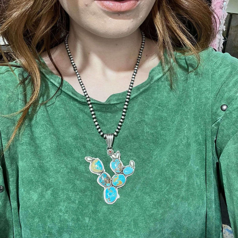 Turquoise Cactus Sterling Silver Necklace Pendant - Country Lace Boutique