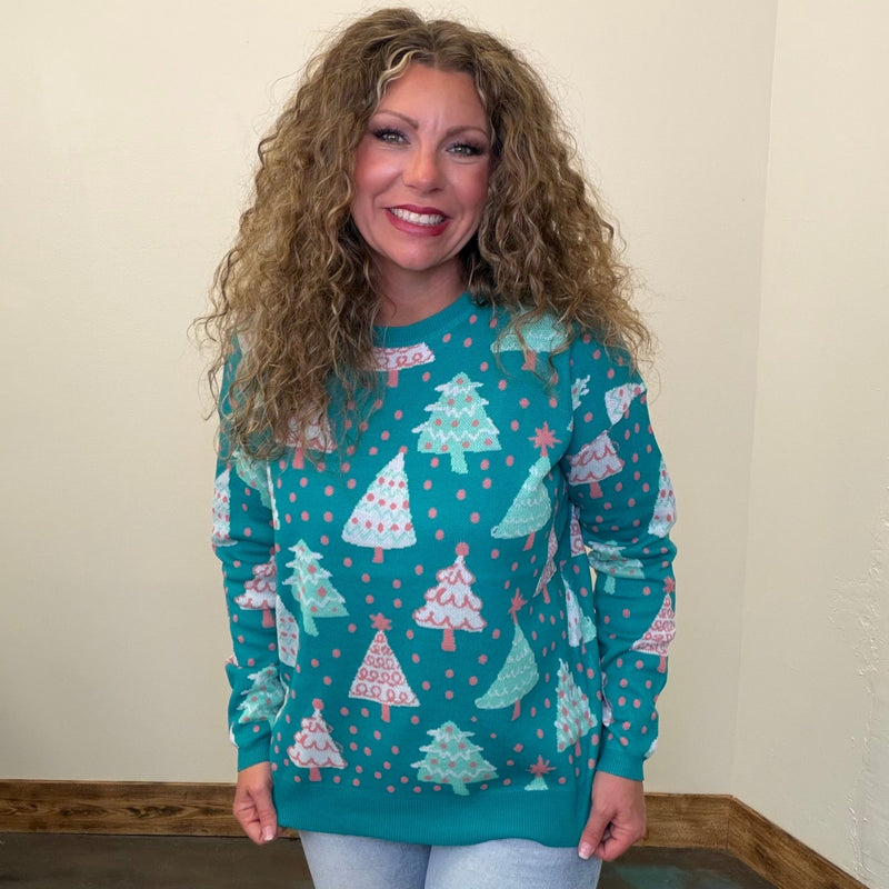 Turquoise Christmas Tree Long Sleeve Sweater - Country Lace Boutique