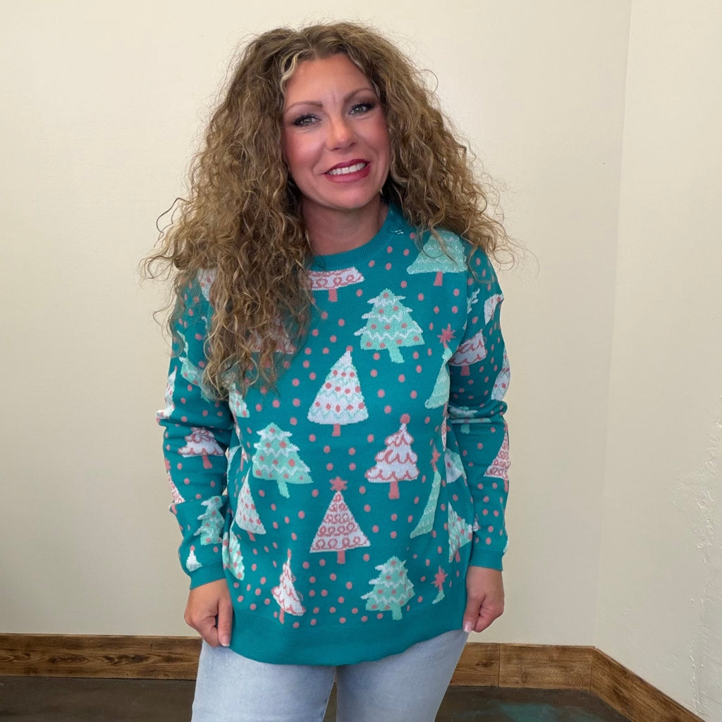 Turquoise Christmas Tree Long Sleeve Sweater - Country Lace Boutique
