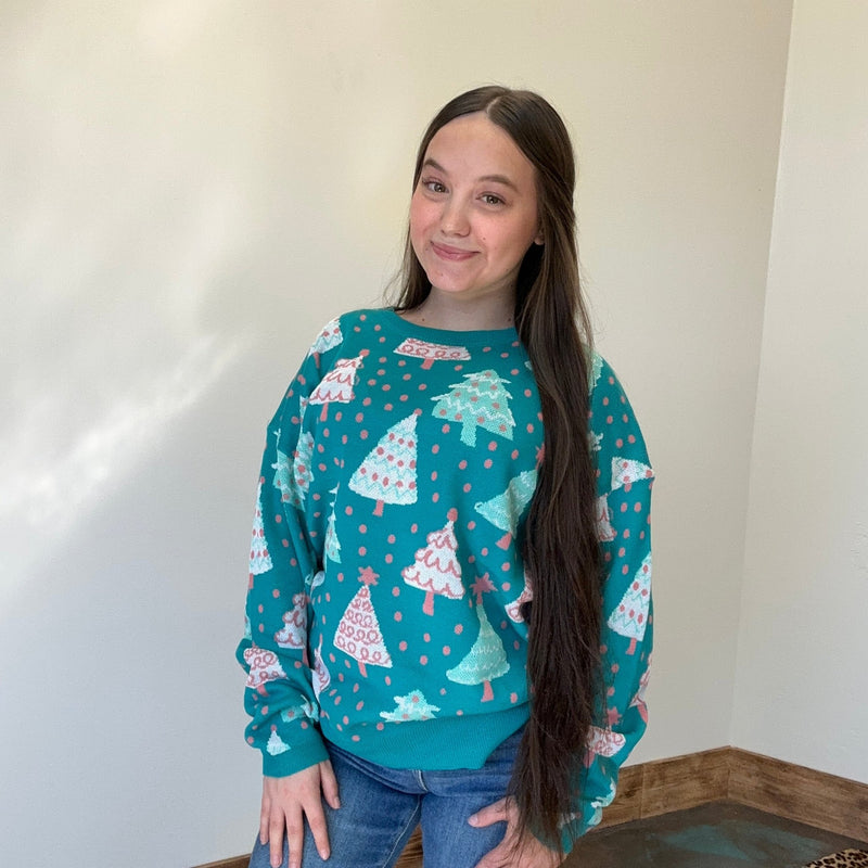 Turquoise Christmas Tree Long Sleeve Sweater - Country Lace Boutique