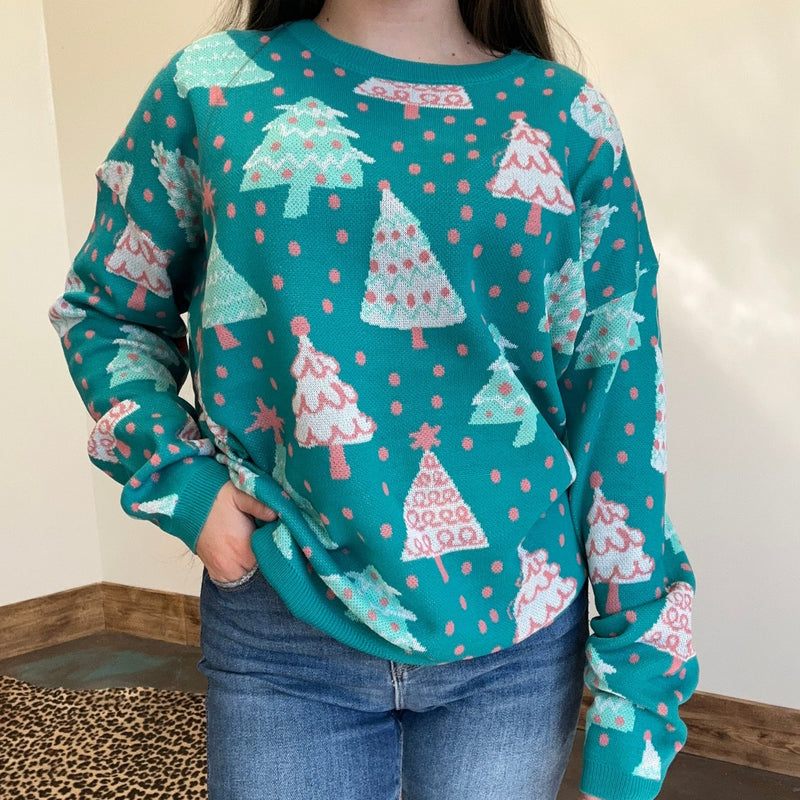 Turquoise Christmas Tree Long Sleeve Sweater - Country Lace Boutique
