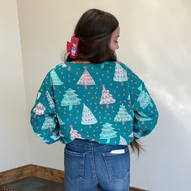 Turquoise Christmas Tree Long Sleeve Sweater - Country Lace Boutique