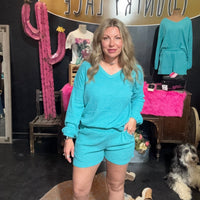 Turquoise Comfy Set Long Sleeve Top w/ Pockets Shorts - Country Lace Boutique