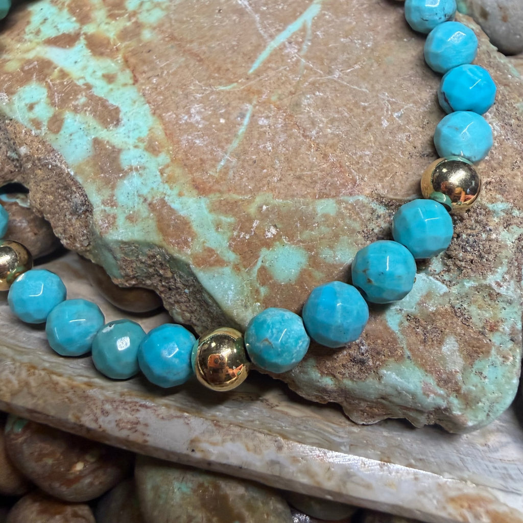 Turquoise & Gold Pearl Sterling Silver Stretchy Bracelet - Country Lace Boutique