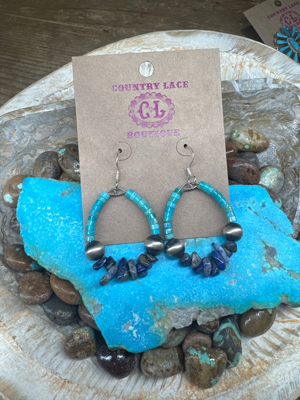 Turquoise Heishi Beads 8mm Pearls & Lapis Sterling Silver French Hook Earrings - Country Lace Boutique