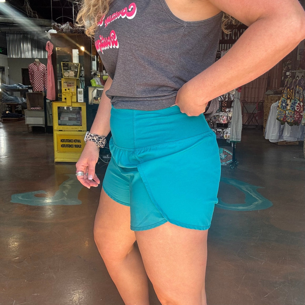 Turquoise High Waisted Athletic Shorts with Zip Waist Pocket - Country Lace Boutique