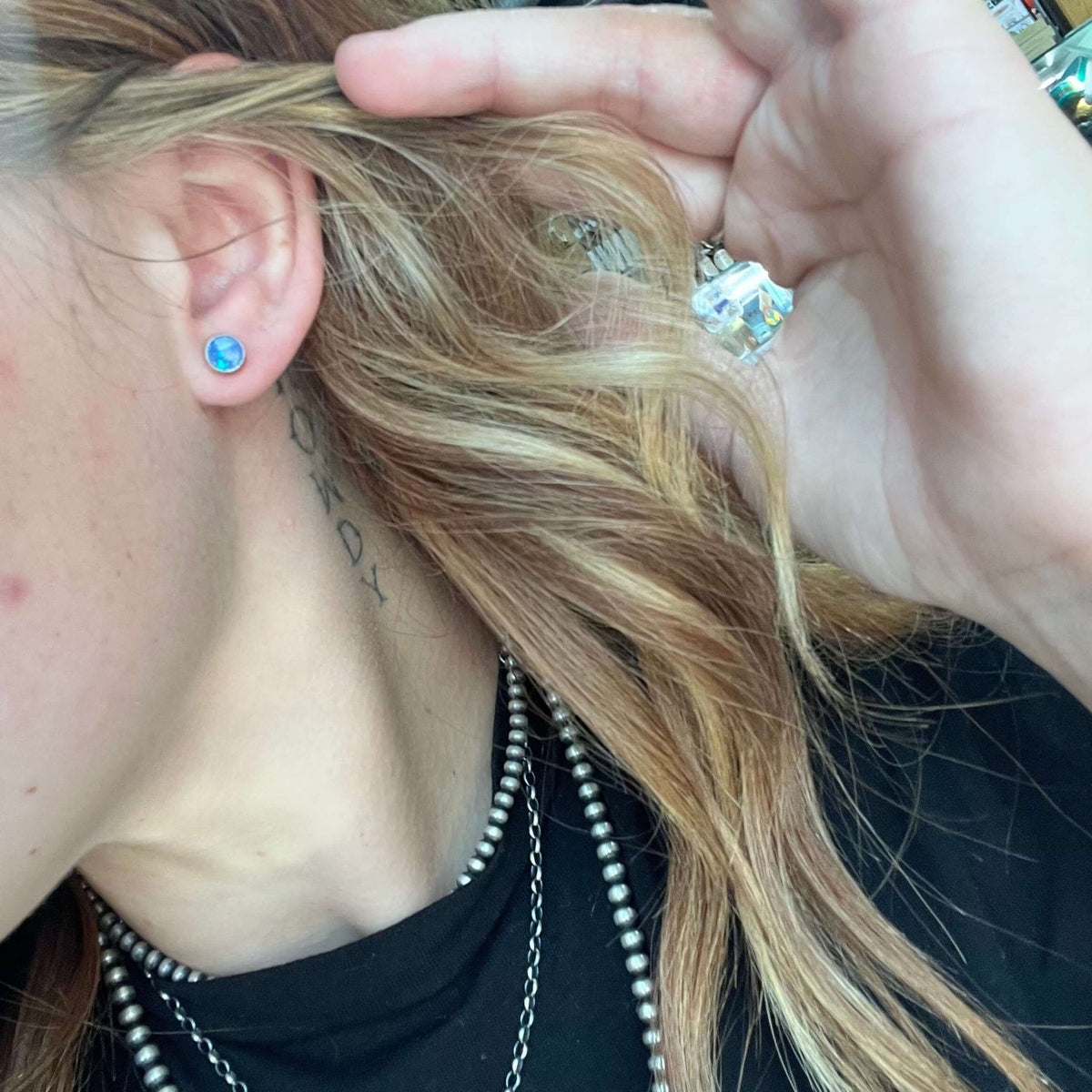 Turquoise Iridescent Opal Circle Stud Sterling Silver Earring - Country Lace Boutique