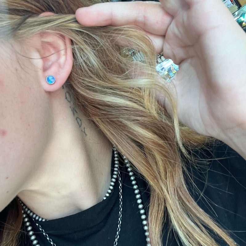 Turquoise Iridescent Opal Circle Stud Sterling Silver Earring - Country Lace Boutique