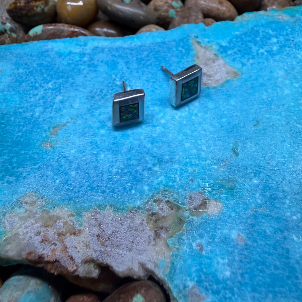 Turquoise Opal Shadowbox Stud Sterling Silver Earring - Country Lace Boutique