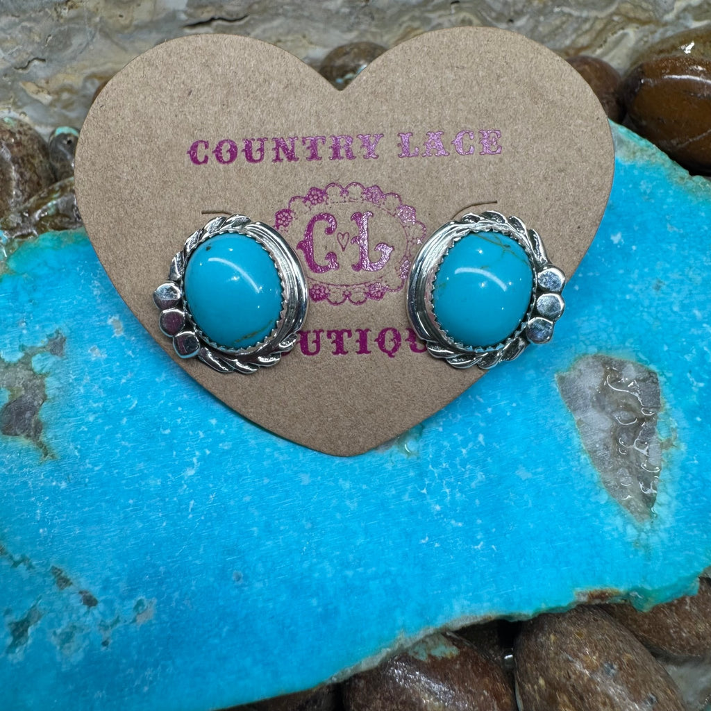 Turquoise Oval Post Stud Sterling Silver Earring - Country Lace Boutique