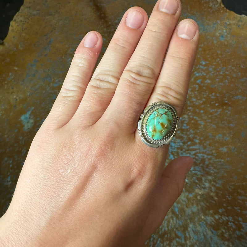 Turquoise Oval Stone Sterling Silver Ring W/ Sterling Detail - Country Lace Boutique