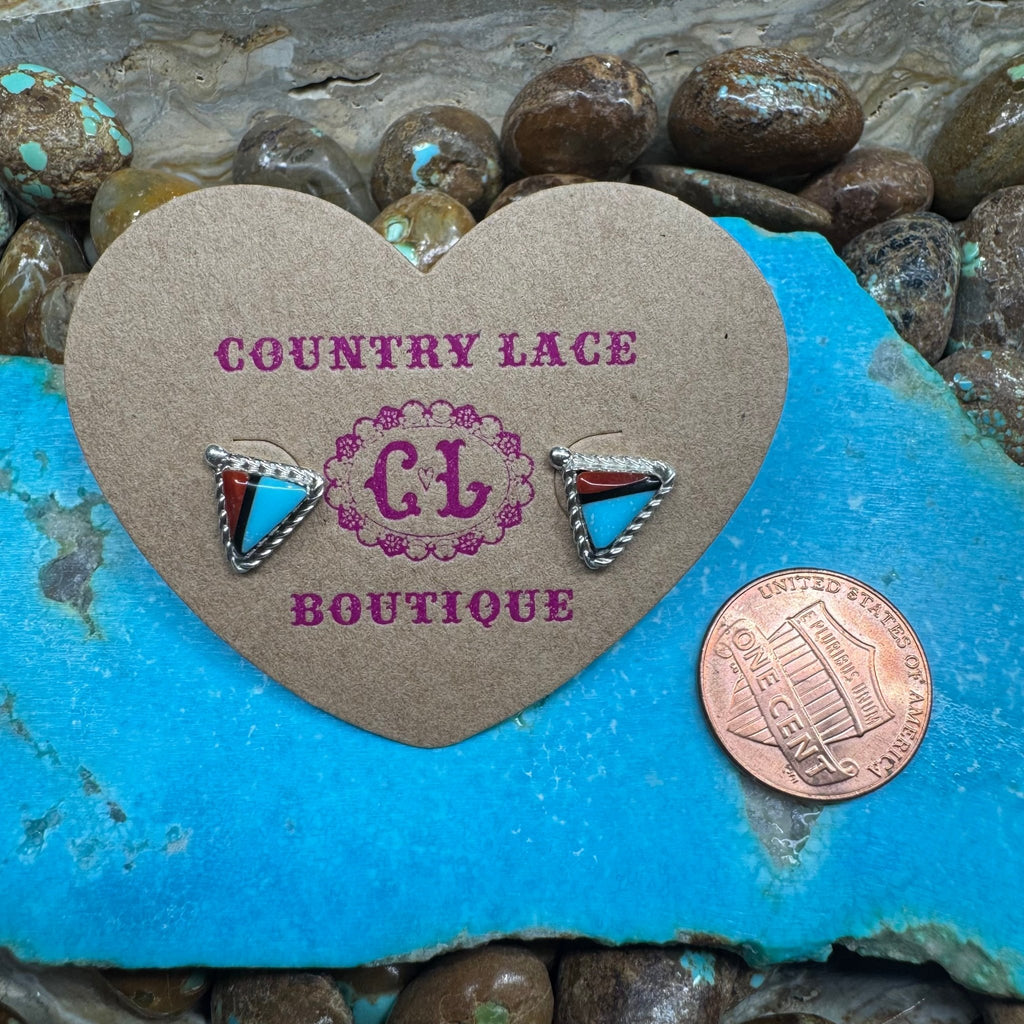 Turquoise Red Triangle Braided Stud Lil Post Sterling Silver Earring - Country Lace Boutique