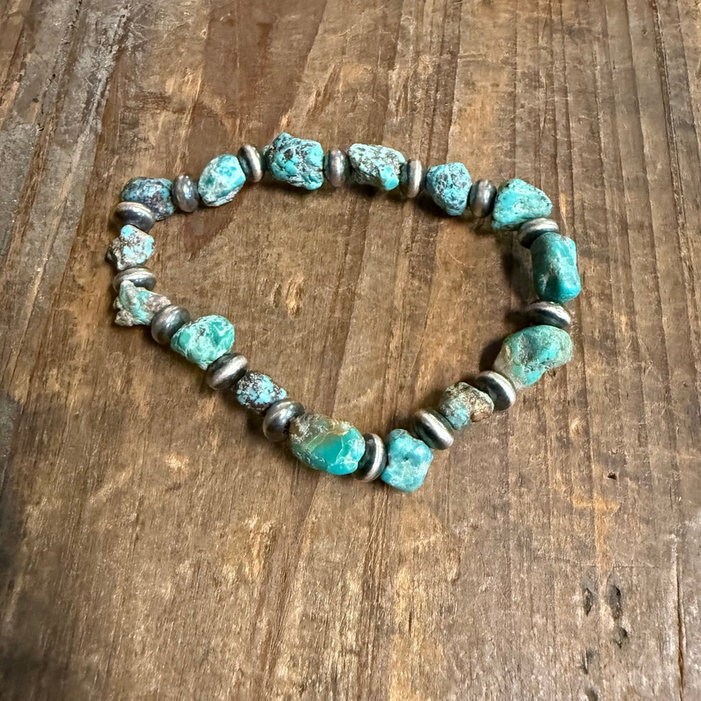Turquoise Rock with Navajo Saucer Beads Stretchy Patterned Sterling Silver Bracelet - Country Lace Boutique