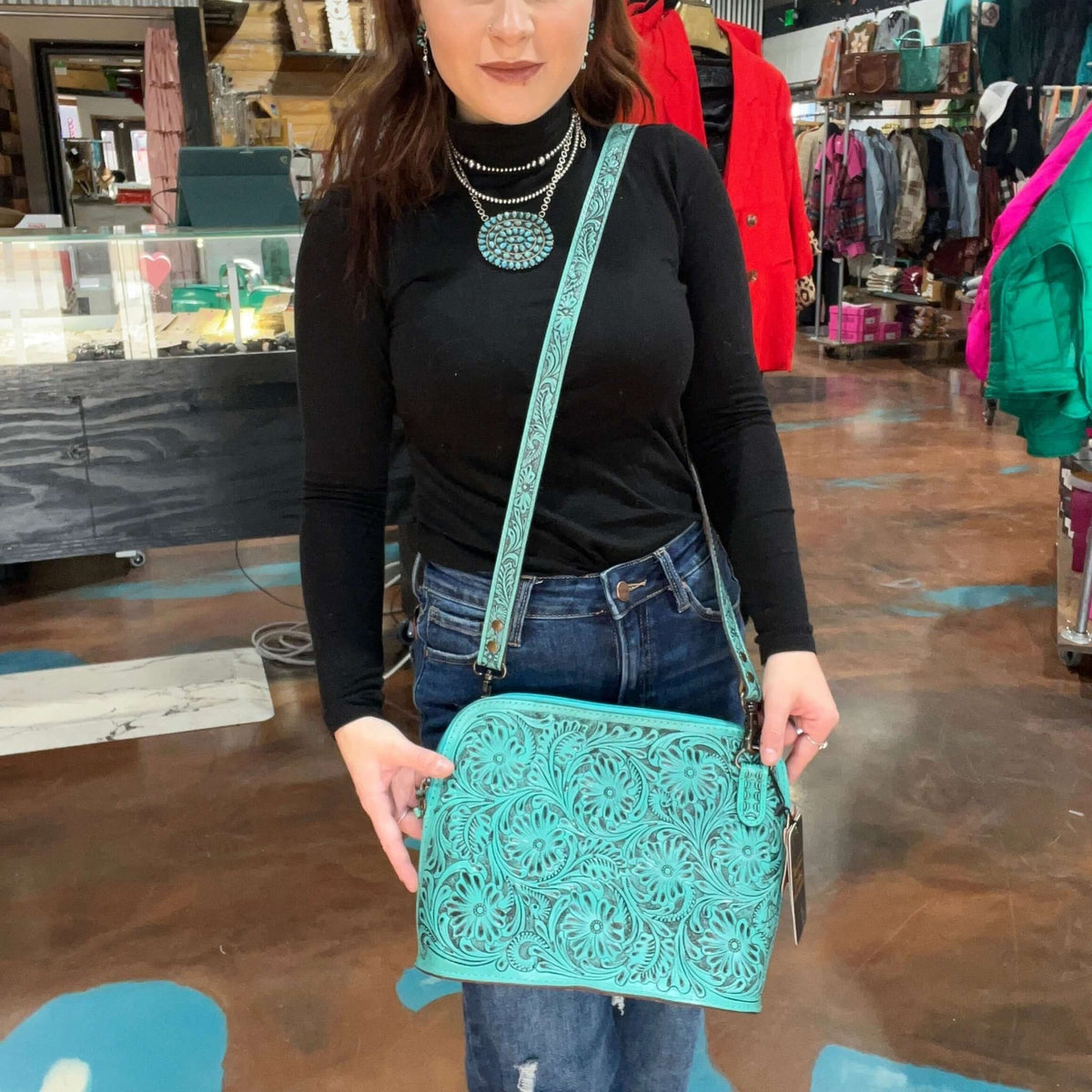 Turquoise Tooled Top Zip Purse - Country Lace Boutique