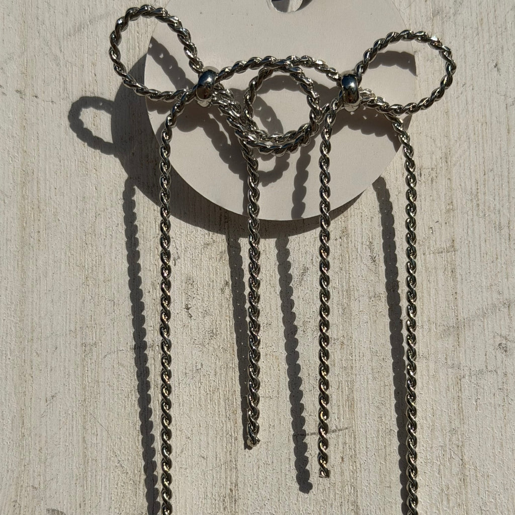 Twisted Silver Rope Bow Fashion Earrings - Country Lace Boutique