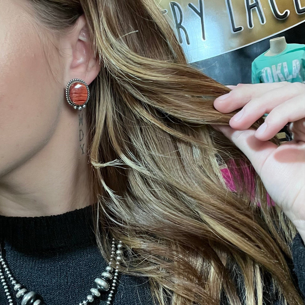 Unique Orange Spiny with Detail Post Sterling Silver Earring