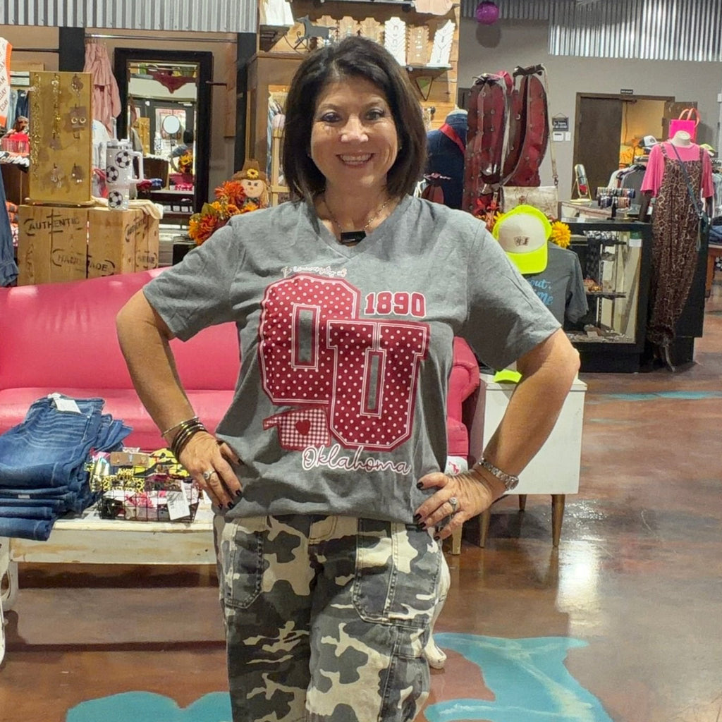 University of Oklahoma OU Gray Polka Dot Gingham V Neck tee - Country Lace Boutique